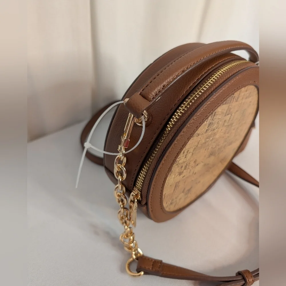 Anne Klein Brown And Gold Cork Circle Round Crossbody Bag